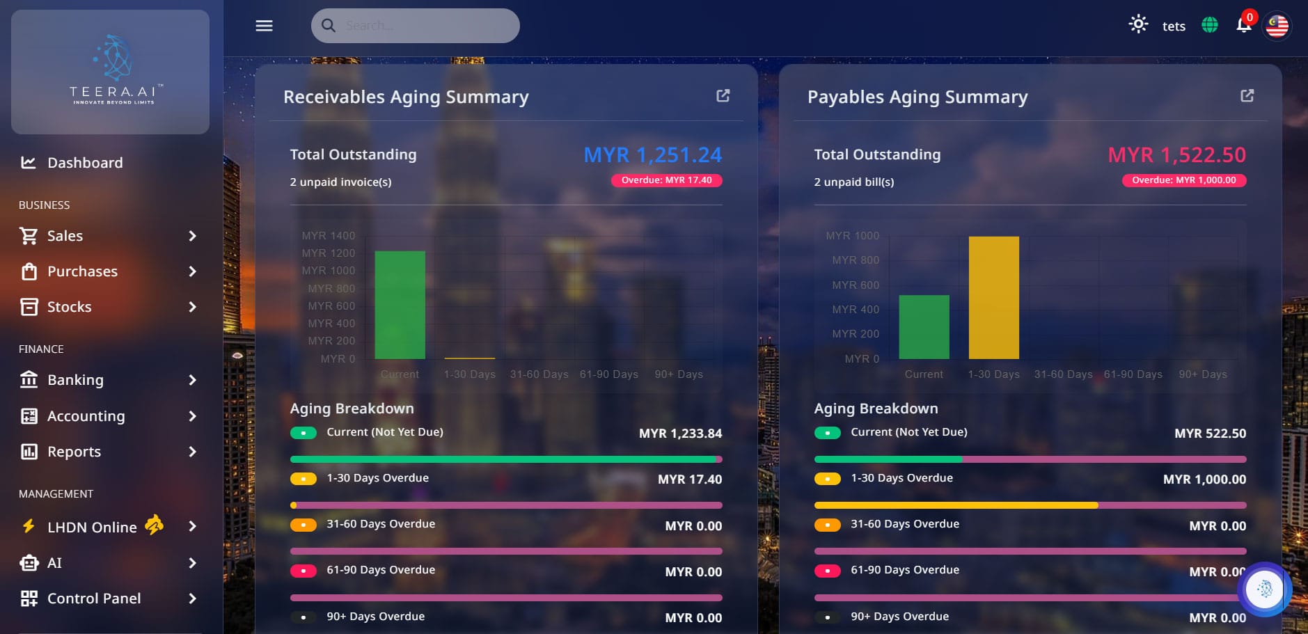 TEERA.AI accounting dashboard with real-time financial insights for Malaysian SMEs